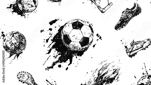 Grunge soccer ball with splatter effect and flying football boots dynamic sports theme