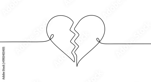 Single black line drawing of a broken heart on a white background
