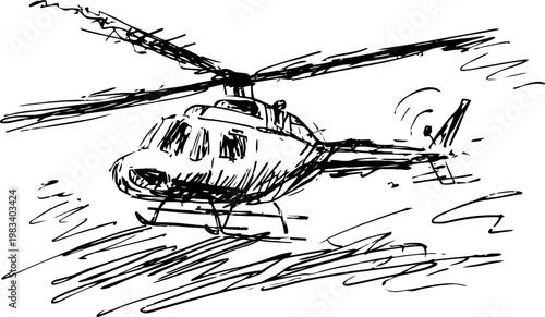 helicopter flying sketch hand drawn helicopter with rotor blades in motion over landscape