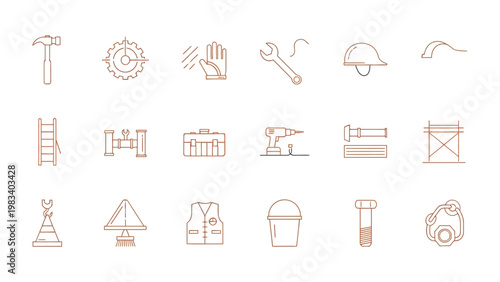 Construction Tools Icons: A comprehensive set of construction tools are presented as outlined icons, perfect for visual representations of construction, architecture, and home improvement concepts.