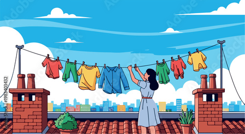 Adobe Illustrator Artwork hanging clothes to dry  on the  roof.