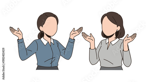 Two Women's Expression: This illustration portrays two women in a moment of uncertainty or questioning. The image uses minimalist design to convey a sense of perplexity and thought. 