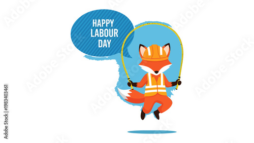 Labor Day Fun: A joyful fox, clad in a safety vest and hard hat, skips rope in celebration of Labor Day.