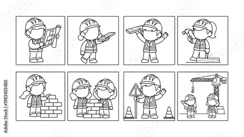 Construction Crew in Action: An illustrative sequence presents a construction crew in various stages of their work, emphasizing teamwork and the step-by-step process of building.
