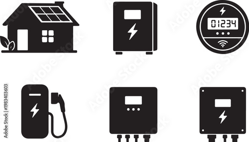 Green Energy Home Silhouette Set Eco House Solar Battery EV Charger Smart