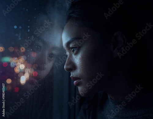 Woman looking out window at night.