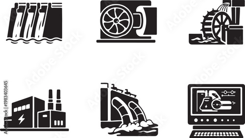 Hydro Power System Silhouette Set Dam Turbine Water Energy Renewable Electricity Icons