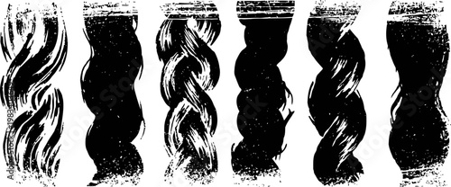 set of uneven black ink brush strokes with textured wavy and braided patterns