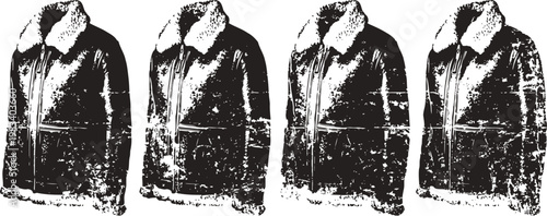 warm winter jackets with fur collars arranged in a row on white background