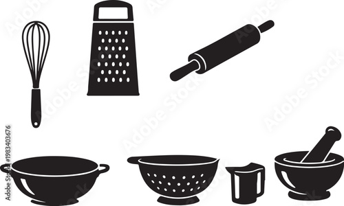 Kitchen Tools Silhouette Set Whisk Grater Rolling Pin Mortar Vector