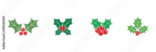 Christmas holly berry vector icon set. Green leaves with red mistletoe, holiday decoration isolated on white background