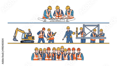 Construction Crew at Work: Illustrative depiction of construction crew planning and executing tasks, showcasing teamwork and collaborative efforts in a building project.