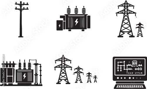 Power Grid Infrastructure Silhouette Set Electric Pole Transmission Tower Substation Energy Icons