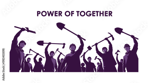 Collective Strength: Silhouetted figures unite, arms raised in solidarity, embodying the Power of Together, a visual testament to teamwork and communal effort.