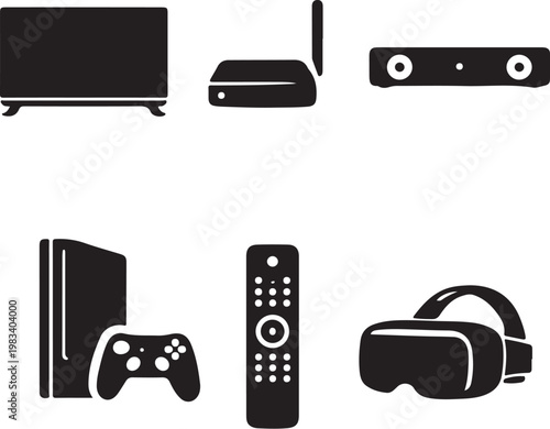 Smart entertainment devices silhouette set television streaming box soundbar console remote VR headset icons