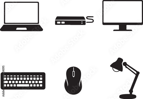 Fotografie smart office tech silhouette laptop docking station monitor keyboard mouse desk