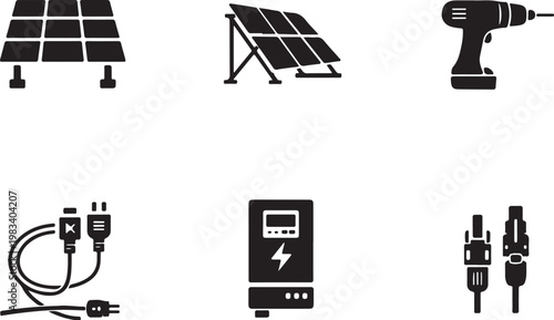 Solar Installation Tools Silhouette Set Panel Mount Drill Cable Inverter Connector Icons