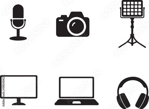 Streaming Setup Silhouette Microphone Camera Light Monitor Laptop Headphones Vector Bundle