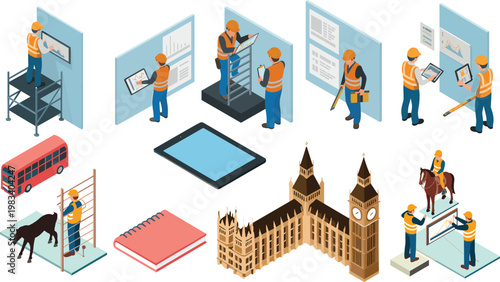 Isometric engineering and construction workflow set with workers planning measuring architecture landmark London Big Ben vector illustration isolated design