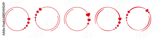 Set of five red circle round frames with heart decorations for valentine romantic text border template