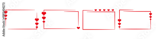Set of four red rectangular frames with heart decorations for valentine romantic text banner template
