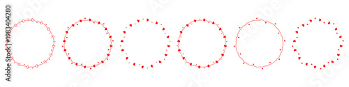 Set of six red circle round heart wreath frames with dots and wavy lines  for valentine romantic decoration