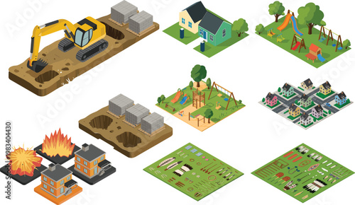Isometric construction residential development and playground set with excavator houses tools excavation urban planning vector illustration isolated design