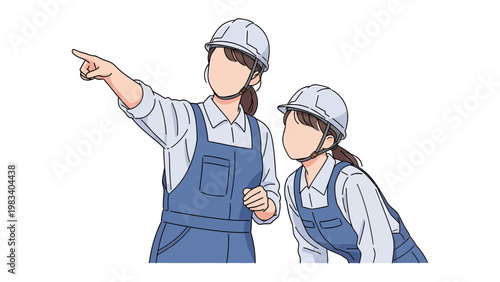 Construction Workers Directing: Two construction workers stand side-by-side, one pointing towards an unseen element, while the other observes. Emphasizing teamwork and workplace guidance.