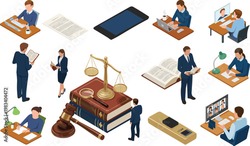 Isometric legal business and office activities set with lawyers books scales remote work meeting document reading vector illustration