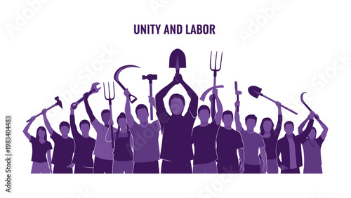 Solidarity in Silhouette: An evocative illustration captures a community united in purpose, their silhouettes rising with tools of labor against a clean backdrop.