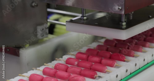 Semi finished sausages on sticks pass through industrial processing machine in factory. Automated meat production stage with modern equipment in food manufacturing industry.