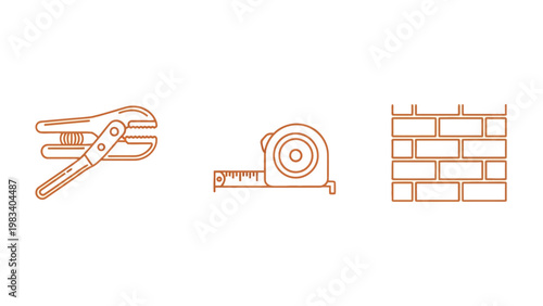 Construction Tools Line-Art: A collection of essential construction tools, including a wrench, measuring tape, and brick, meticulously rendered in elegant line art.