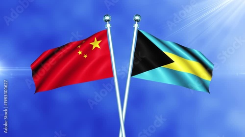 China and Bahamas Flag Waving On Pole Loop