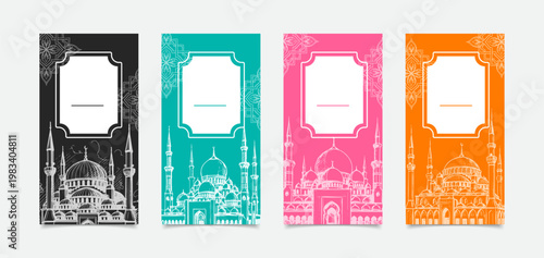 Islamic Mosque Ramadan Background Set with Ornamental Frame and Color Variations