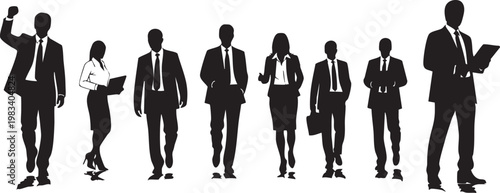 99 black silhouettes of diverse businesspeople in formal attire walking diverse people business attire