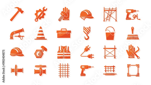Construction Tools Icons: A set of vivid, orange construction tools arranged to showcase diverse equipment commonly employed in construction projects.