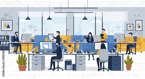 modern office interior with people working on computers illustration
