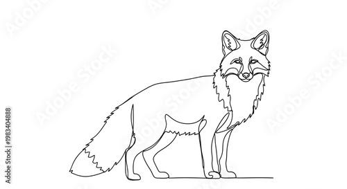 Single line drawing of a fox with a bushy tail and alert ears