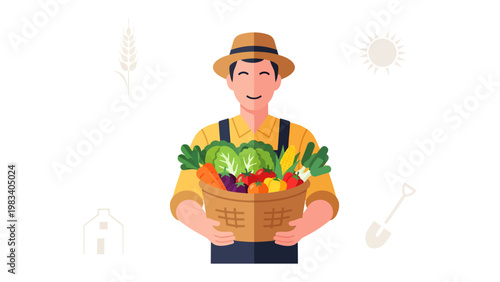 Harvest Bounty: A farmer, filled with a basket of freshly harvested organic vegetables, radiating the satisfaction of hard work and nature's bounty.