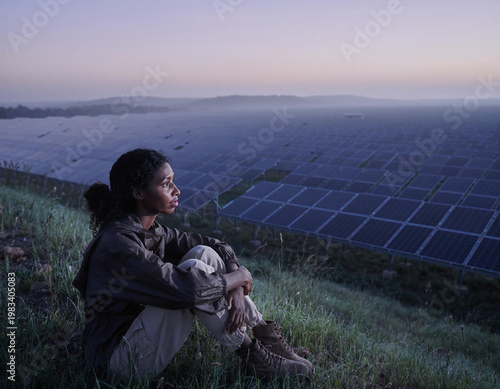 Woman sitting on green hill overlooking solar panels.