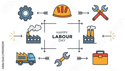 Happy Labour Day: Celebrate the spirit of workers and the industries they shape, illustrated with essential tools and symbols.