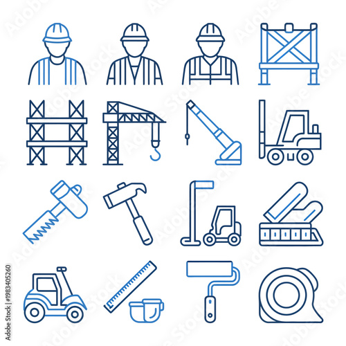 Construction Icons: A collection of meticulously crafted construction icons in a clean, professional style. It includes the workers and the tools to showcase the theme's core elements. 