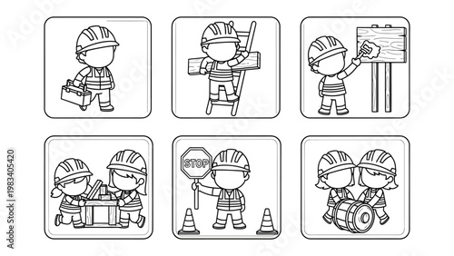 Construction Crew at Work: A collection of adorable illustrations showcasing construction workers engaged in various tasks, highlighting the diligence and teamwork of the workforce. 