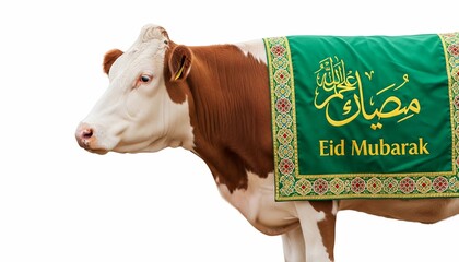 Brown and white cow wearing green festive shawl with Eid Mubarak gold text