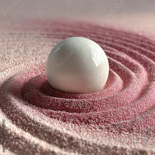 White marble sphere in pink raked sand zen garden for meditation