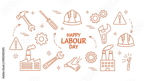 Happy Labour Day: A vibrant illustration celebrating labour day, incorporating essential tools and industrial elements to honor the hard work and dedication of workers.