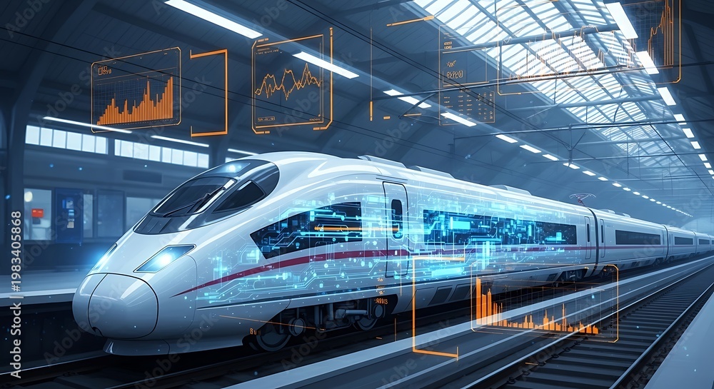 Fototapeta premium Futuristic high-speed train at a station, with digital overlays, showcasing data visualization
