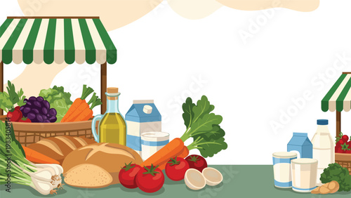 Fresh food market stall features a diverse selection of vegetables, bread, dairy products, and olive oil under a green striped awning.