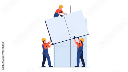 Construction Crew Assembling: A collaborative construction crew expertly maneuvers large panels into place, working together to erect a modern structure. The scene is of teamwork.