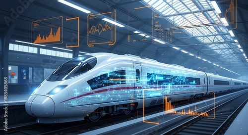 Futuristic high-speed train at a station, with digital overlays, showcasing data visualization